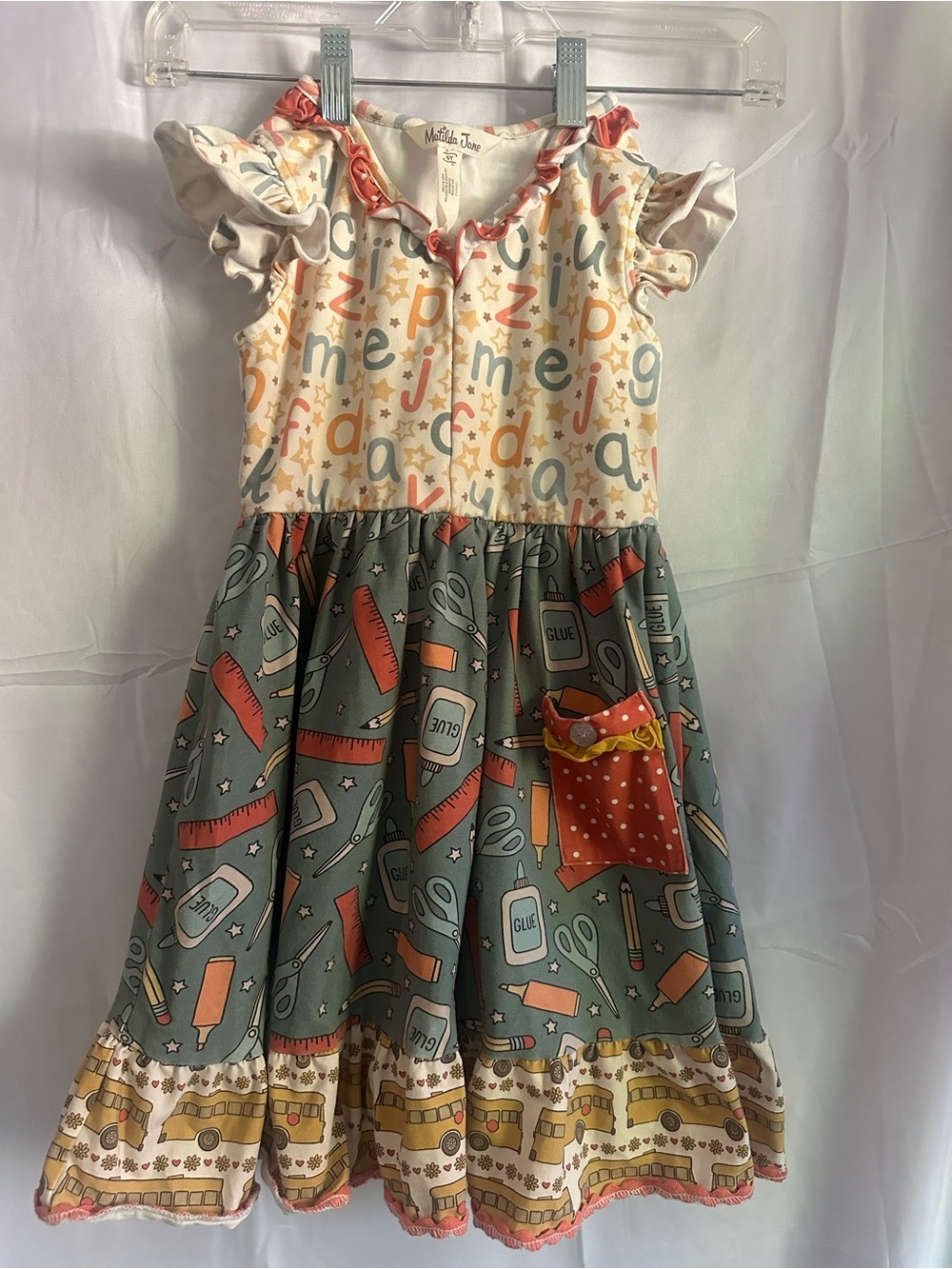 Matilda Jane School Supplies Print Dress in Green, Cream & Coral